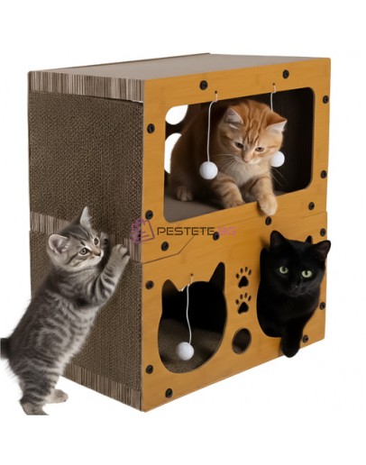 Драскалка за котки легло с играчки двуетажна къща легло